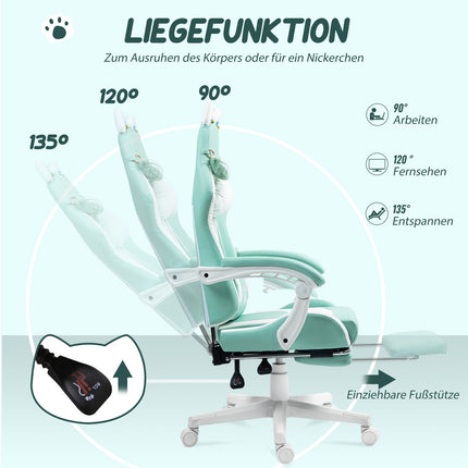 Gaming-Stuhl mit Katzenohren, Liegefunktion, Fußstütze, 120kg Tragkraft