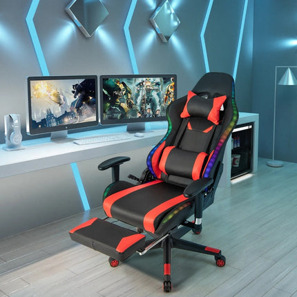 Gaming-Stuhl mit RGB-LED-Leuchten und einziehbarer Fußstütze, ergonomischer Bürostuhl, Rot