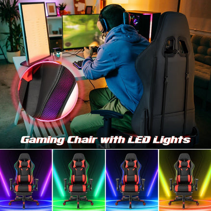Gaming-Stuhl mit RGB-LED-Leuchten und einziehbarer Fußstütze, ergonomischer Bürostuhl, Rot