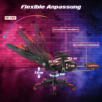 Gaming-Stuhl mit RGB-LED-Leuchten und einziehbarer Fußstütze, ergonomischer Bürostuhl, Rot