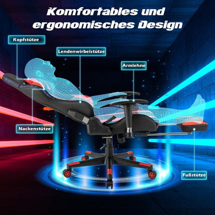 Gaming-Stuhl mit RGB-LED-Leuchten und einziehbarer Fußstütze, ergonomischer Bürostuhl, Rot