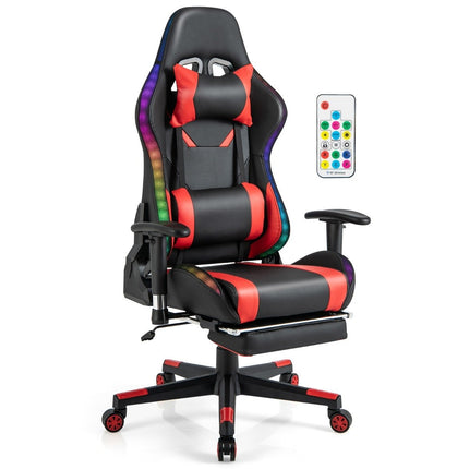 Gaming-Stuhl mit RGB-LED-Leuchten und einziehbarer Fußstütze, ergonomischer Bürostuhl, Rot