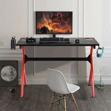 Bureau gaming en forme de R, crochet pour casque, porte-gobelet, 115 cm