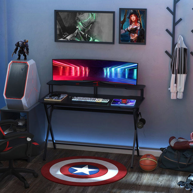 Gaming-Tisch mit Kopfhörerhaken, schwarzer Stahl & MDF, 120x60x90 cm