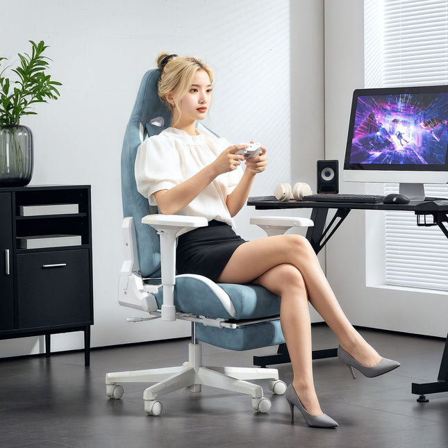 Chaise de jeu avec fonction inclinable, chaise de bureau réglable en hauteur avec coussins tête et lombaires, chaise de jeu ergonomique avec repose-pieds extensible, cuir artificiel, jusqu'à 120 kg, bleu