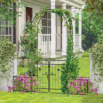 Gartenbogen mit Spalier und abschließbarem Tor, seitliche Pflanzkästen, schwarzes Metall