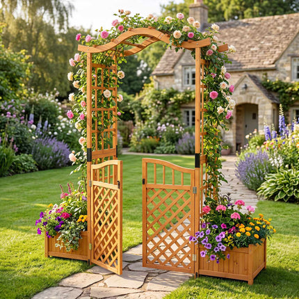 Tonnelle de jardin avec portail, 2 jardinières, bois de sapin