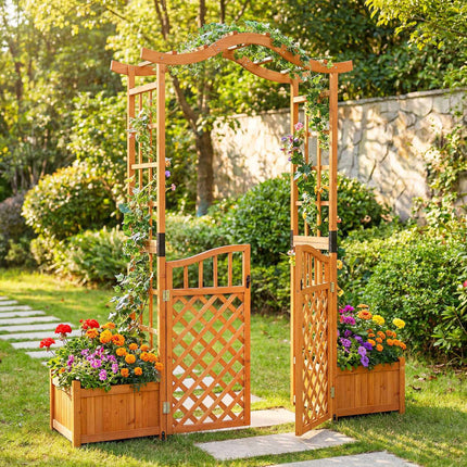 Tonnelle de jardin avec portail, 2 jardinières, bois de sapin