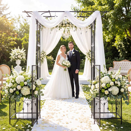 Pergola de jardin avec portail, jardinières et treillis - Métal noir