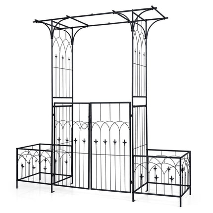 Pergola de jardin avec portail, jardinières et treillis - Métal noir