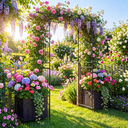 Pergola de jardin avec portail, jardinières et treillis - Métal noir