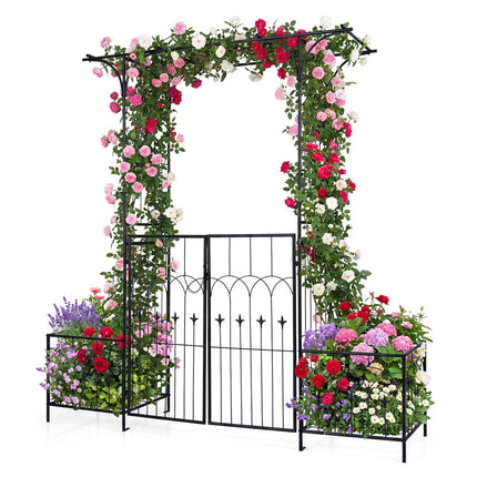 Pergola de jardin avec portail, jardinières et treillis - Métal noir