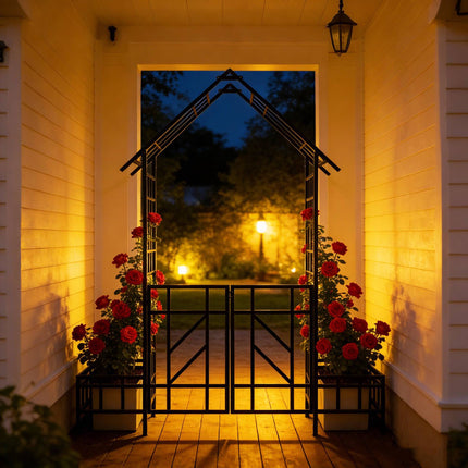 Arche de jardin avec portail et jardinières, en forme de maison