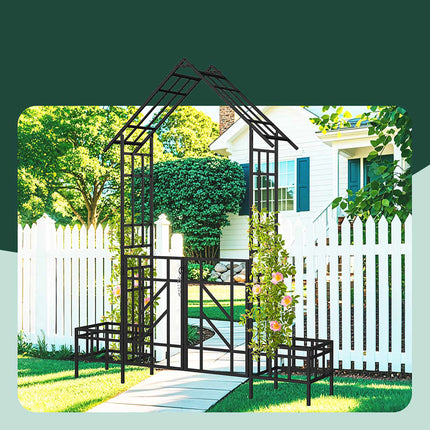 Arche de jardin avec portail et jardinières, en forme de maison