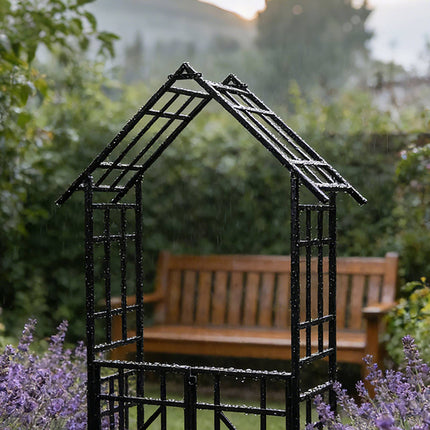 Arche de jardin avec portail et jardinières, en forme de maison