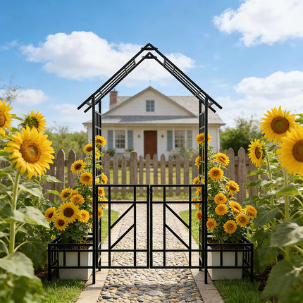 Arche de jardin avec portail et jardinières, en forme de maison