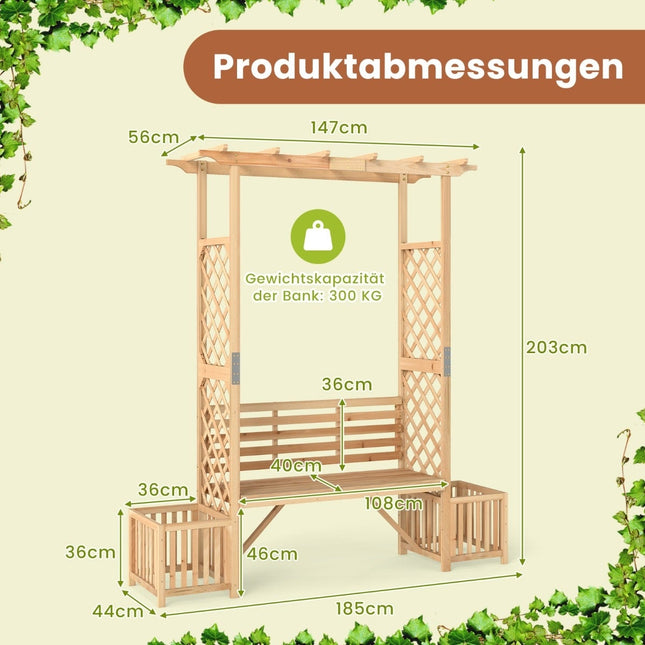 Arche de jardin avec banc et 2 jardinières - Bois naturel, 2 places