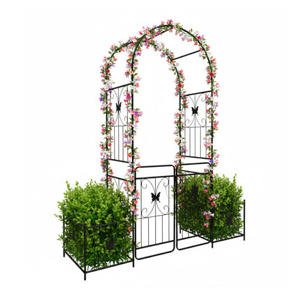 Arche de jardin avec portail et jardinières, treillis métallique