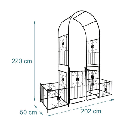 Arche de jardin avec portail et jardinières, treillis métallique