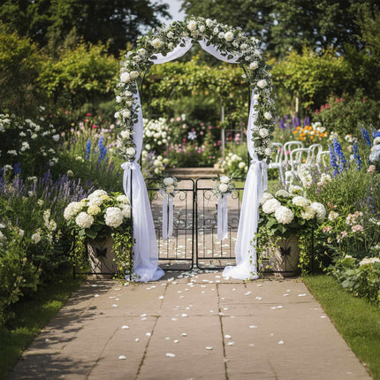 Arche de jardin avec portail et jardinières, treillis métallique