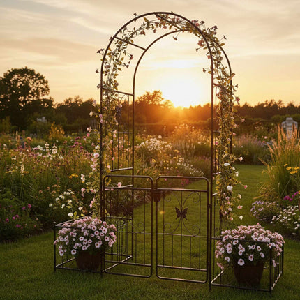 Arche de jardin avec portail et jardinières, treillis métallique