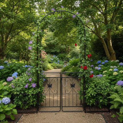 Arche de jardin avec portail et jardinières, treillis métallique