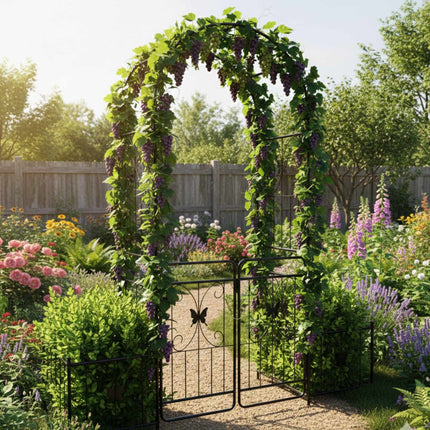 Arche de jardin avec portail et jardinières, treillis métallique