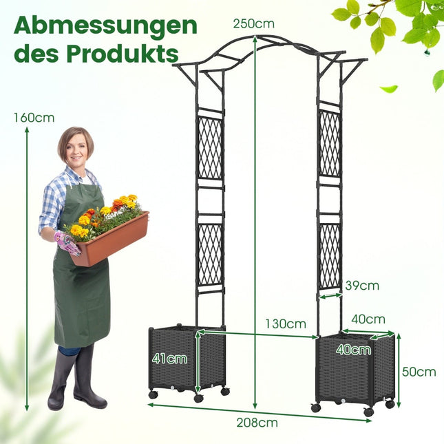 Arche de jardin avec jardinières à arrosage automatique, métal et polypropylène, 250 cm