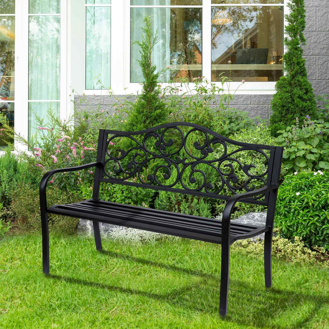 Banc de jardin Banc en acier 3 places avec accoudoirs en fonte noire 127x60x89cm pour jardin terrasse balcon