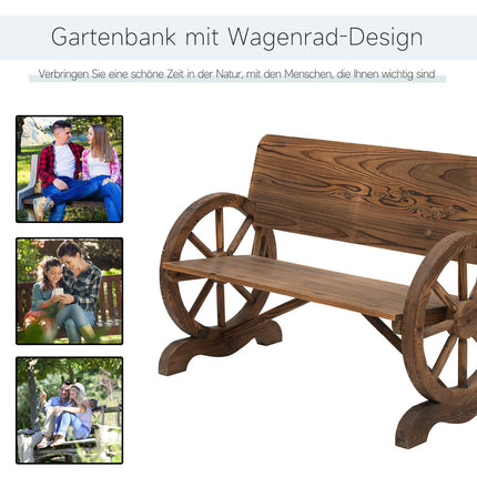 Rustikale Gartenbank aus Massivholz, mit Wagenrädern und Armlehnen