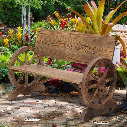 Rustikale Gartenbank aus Massivholz, mit Wagenrädern und Armlehnen