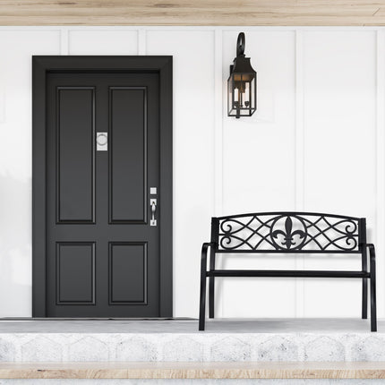 Banc de jardin avec dossier en forme de fleur de lys, métal noir