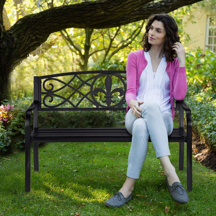 Banc de jardin avec dossier en forme de fleur de lys, métal noir