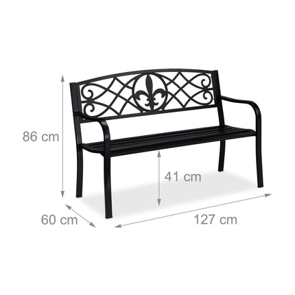 Banc de jardin avec dossier en forme de fleur de lys, métal noir