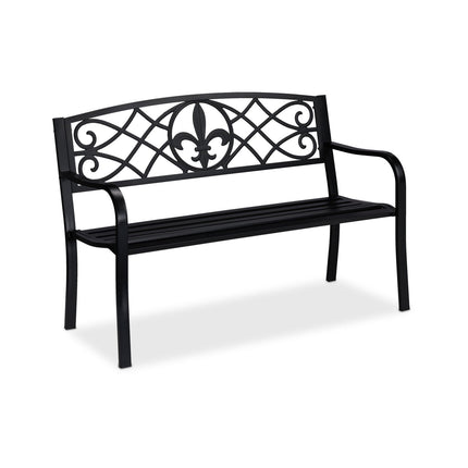 Banc de jardin avec dossier en forme de fleur de lys, métal noir