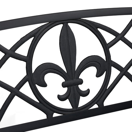 Banc de jardin avec dossier en forme de fleur de lys, métal noir