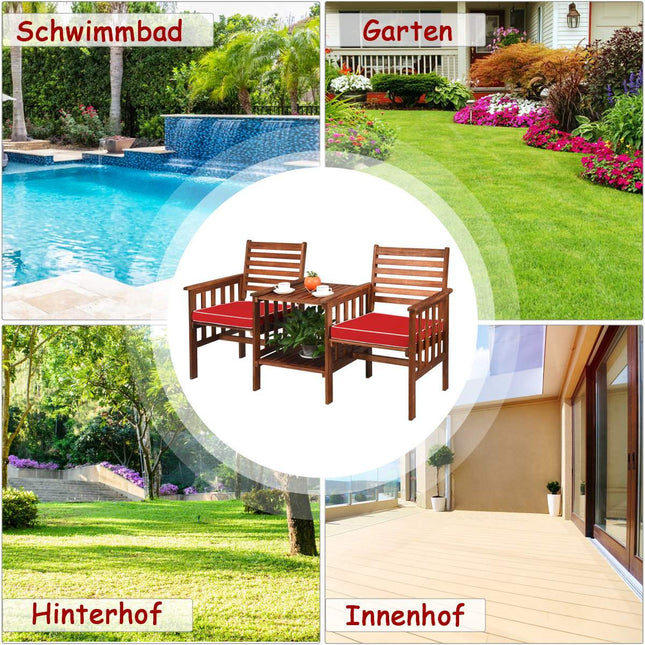 Gartenbank mit Tisch, 2-Sitzer Holz, Kissen & Schirmloch