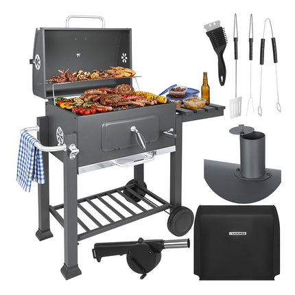 Barbecue de jardin au charbon de bois avec grille et couvercle en fonte