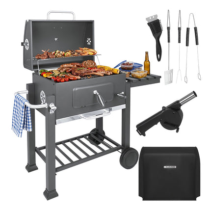 Barbecue de jardin au charbon de bois avec couvercle, grille en fonte et thermomètre
