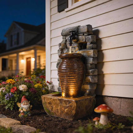 Fontaine de jardin avec éclairage LED et débit d'eau réglable