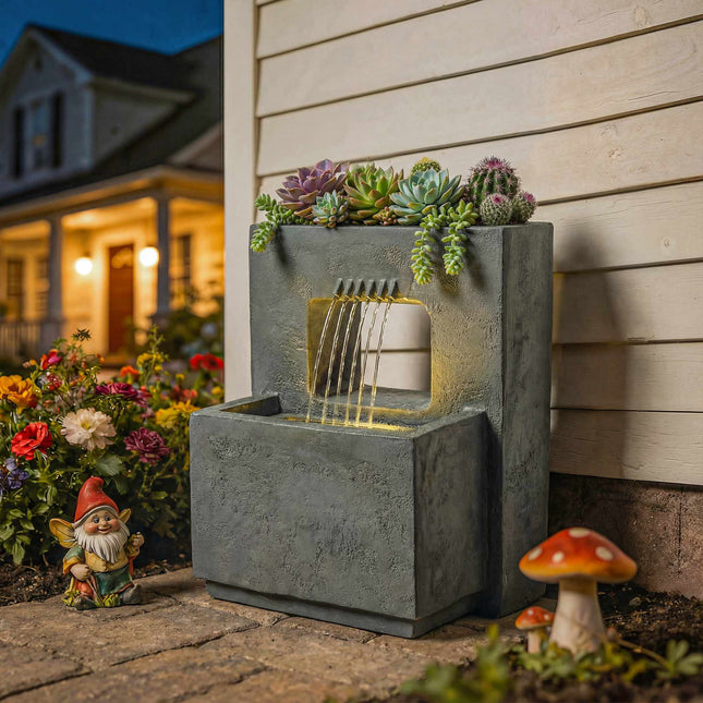Fontaine de jardin avec éclairage LED et jardinière, en résine