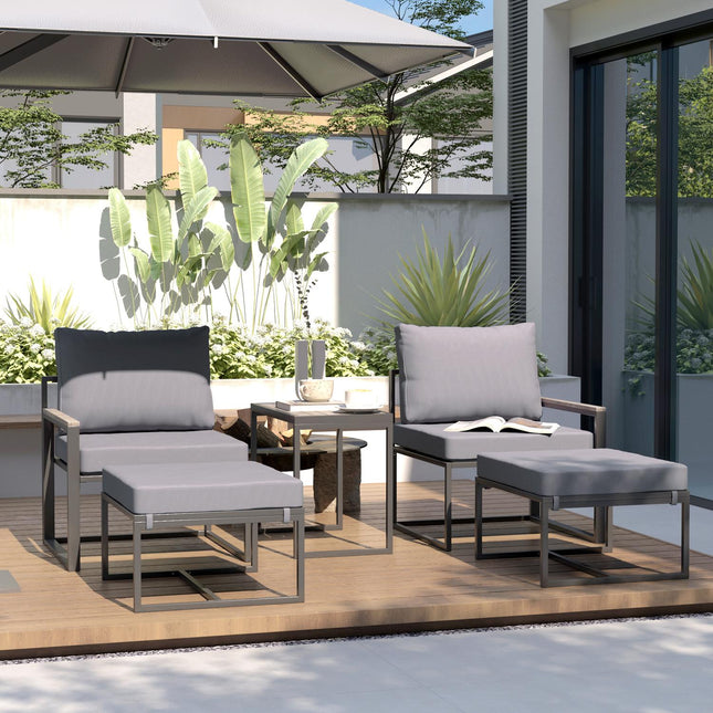 Ensemble de meubles de jardin pour 2 personnes, ensemble de meubles de balcon en acier résistant aux intempéries avec 2 fauteuils, coussin de siège, table d'appoint, tabouret, groupe de sièges d'extérieur, meubles de terrasse, ensemble de jardin pour