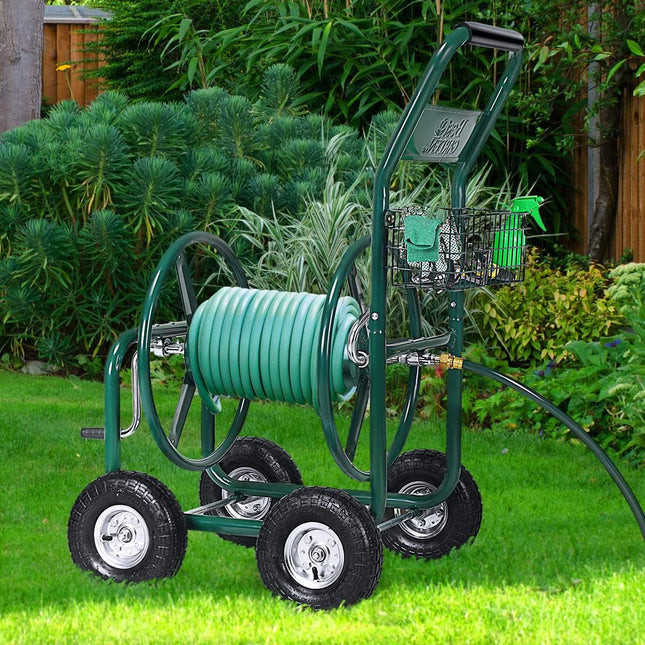 Dévidoir de tuyau d'arrosage sur chariot avec panier en métal vert 96 x 62 x 113 cm