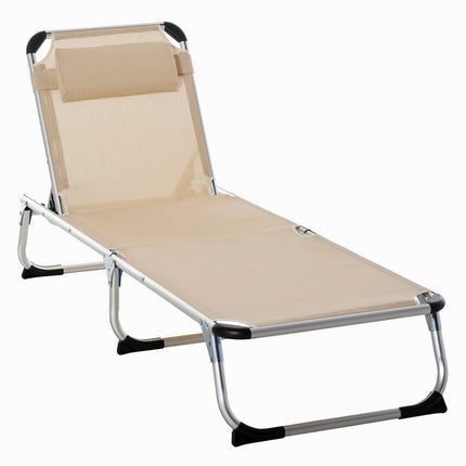 Chaise Longue De Jardin En Aluminium Réglable En 5 Voies Pliable Ergonomique En Maille Beige 170X60X76Cm