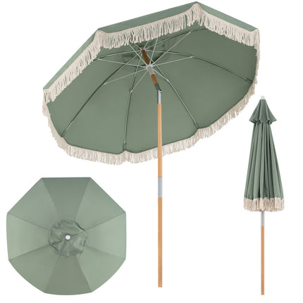 Parasol de jardin 270 cm, mât en bois, inclinable, à franges, vert