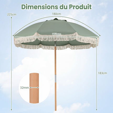 Parasol de jardin 270 cm, mât en bois, inclinable, à franges, vert