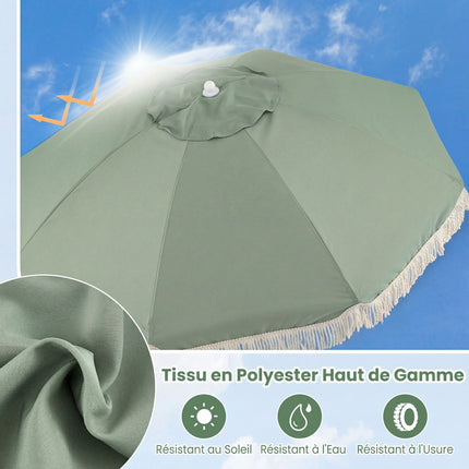 Parasol de jardin 270 cm, mât en bois, inclinable, à franges, vert