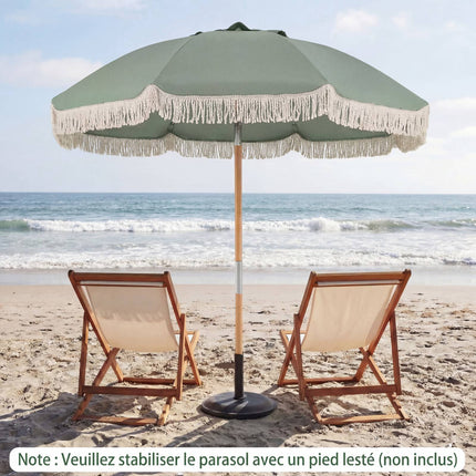 Parasol de jardin 270 cm, mât en bois, inclinable, à franges, vert