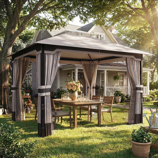 Pavillon de jardin avec toit à double couche et rideaux