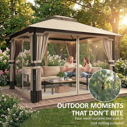 Pavillon de jardin avec toit à double couche et rideaux